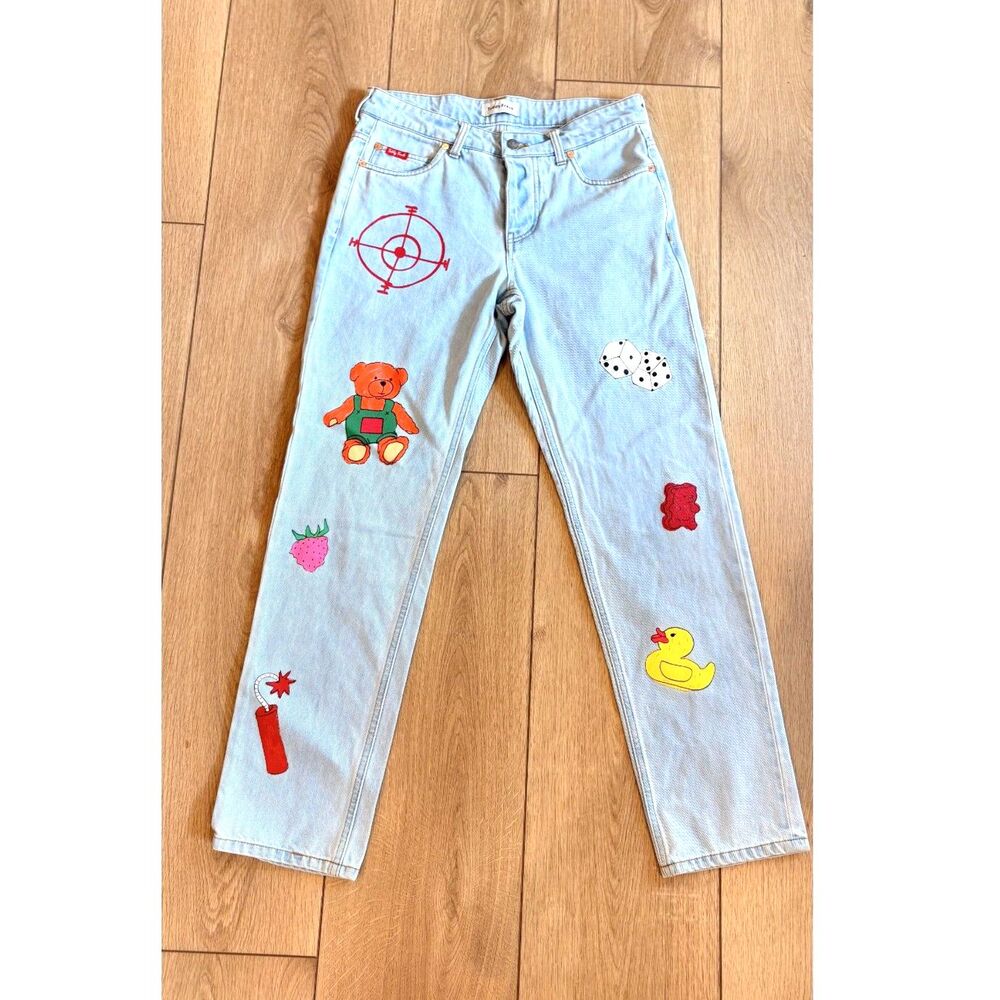 Teddy Fresh Doodle Screen Printed Jeans by Hila Klein Light Wash Size 28